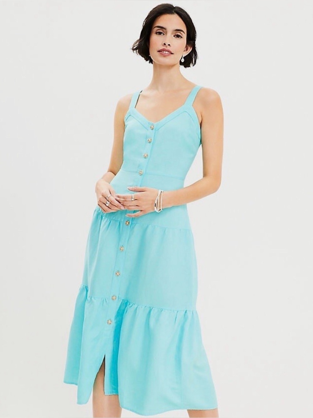 Loft Button Front Midi Linen Dress Turquoise Blue Tiered Prairie Boho 2P Petite